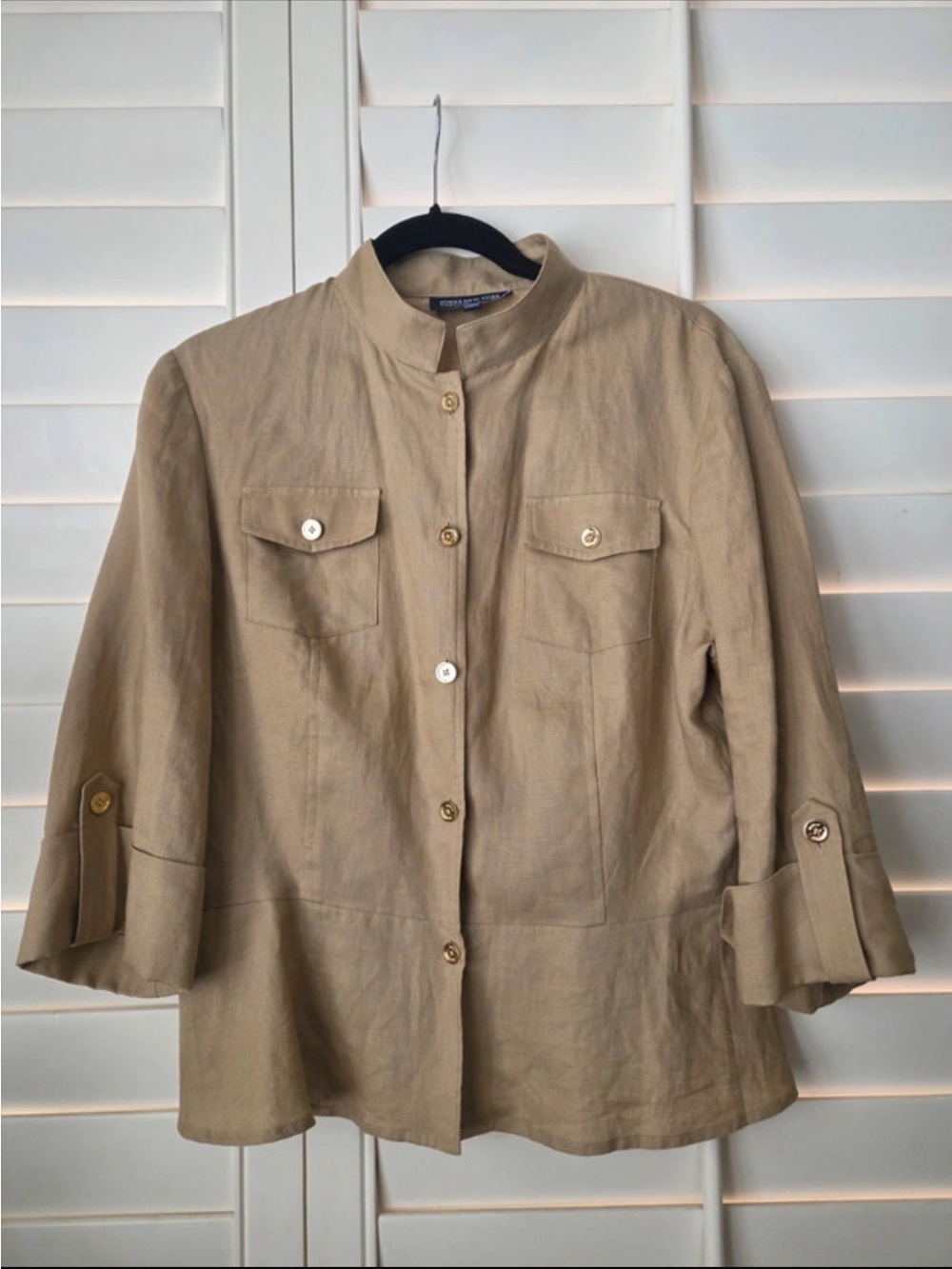 Jones New York Tan Linen-Blend Mandarin Collar Utility Jacket